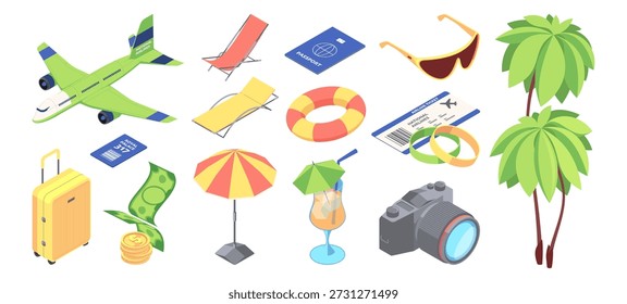 Viajes de verano y Elementos de vacaciones en la playa. Vector aislado avión, boleto de avión y maleta, silla de cubierta y llave del hotel, gafas de sol y boya salvavidas, bebida de cóctel y pulsera, palmera y cámara