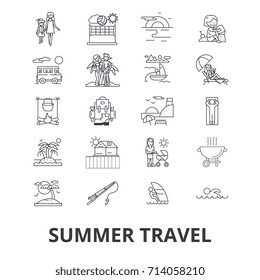 Summer travel, beach vacation, yacht, sunny trip, holiday line icons. Editable strokes. Linear isolated signs