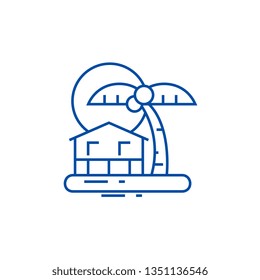 Summer travel, beach,palm, home, sunset line icon concept. Summer travel, beach,palm, home, sunset flat  vector symbol, sign, outline illustration.