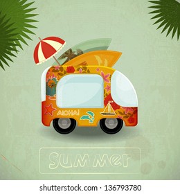 Summer Travel Bus in retro Style. Vintage Vacation Postcard with Summer Items in Old Style. Vector Illustration.