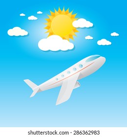Summer travel by airplane concept illustration. plane in blue sky with sun and clouds.