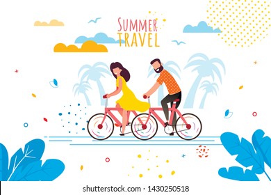 Summer Travel by Bicycle for Two Cartoon Banner. Young Couple in Love or Best Friends Riding Bikes over Palms Silhouettes. Eco Trip. Tropical Adventures. Vector Flat Advertising Illustration