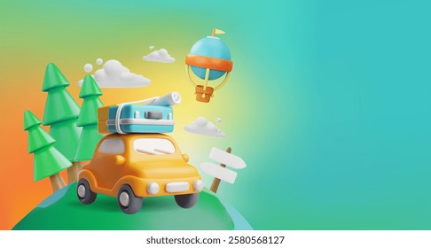 Summer travel by car. Baggage on vehicle roof, auto vacation. Hot air balloon with basket flying in the sky. 3D cartoon vector illustration. Road trip. Tourism transport. Adventure journey