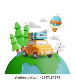 Summer travel by car. Baggage on vehicle roof, auto vacation. Hot air balloon with basket flying in the sky. 3D cartoon vector illustration. Road trip on Earth planet. Tourism transport