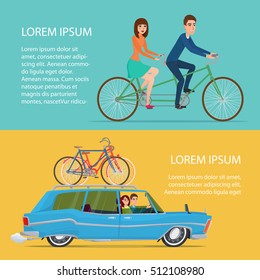 Summer travel by car and by bike. Cartoon poster vector illustration. Banners for your web design in business style. Template for your text. Business characters set.