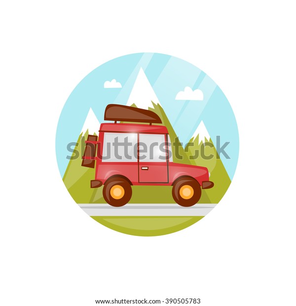 Summer\
travel, travel by car, camping, outdoor recreation, mountains,\
fresh air. Flat design vector\
illustration.