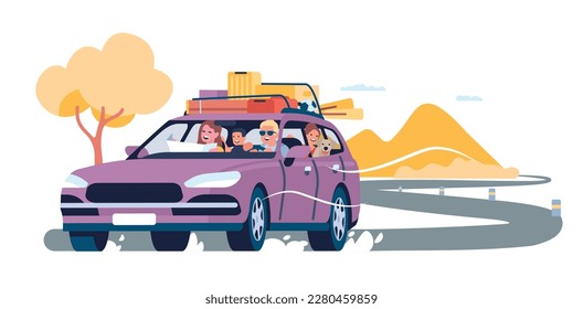 Summer travel by car  Family auto vacation  Road trip  Holiday transport driving  Baggage vehicle roof  Automobile tourism  Adventure journey  Parents and children