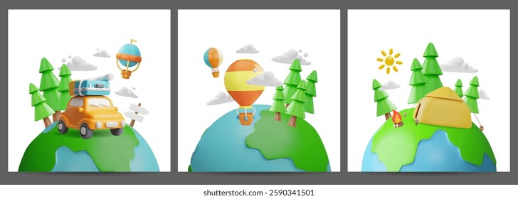 Summer travel by car. Hot air balloon with basket flying in the sky. Camping with tent and bonfire. Earth planet nature 3D cartoon vector illustrations set. Tourism transport. Adventure journey