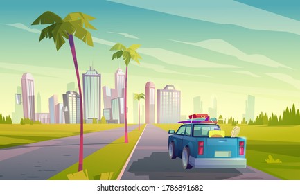 Summer travel by car. Vector cartoon illustration of auto with luggage on road to tropical city with skyscrapers and palm trees. Concept of vacation, trip by car to resort