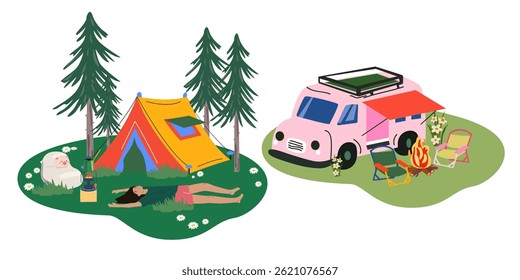 Summer travel. Camping and nature retreat compositions in retro cartoon style. Nature outdoor adventure vector illustration. Tent, lake, travel car, forest, barbecue, campfire