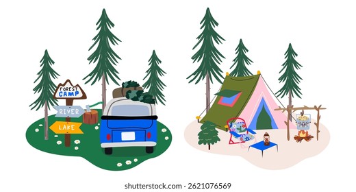 Summer travel. Camping and nature retreat compositions in retro cartoon style. Nature outdoor adventure vector illustration. Tent, lake, travel car, forest, barbecue, campfire