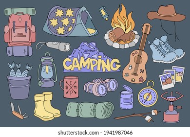 Juego de camping de verano vector, dibujo a mano y colección de colores de garabatos. Clipart de aventura, conjunto de viajes, elementos de vacaciones