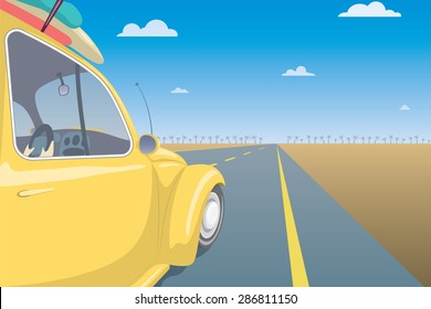 Summer Travel Car Concept. Vacation Postcard Template. Vector Illustration.