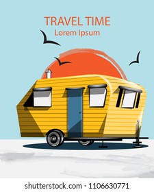 Summer Travel car Vector. Camping trailer on blue backgrounds