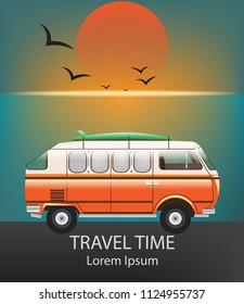 Summer Travel car Vector. Camping trailer on blue backgrounds