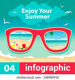 Summer Travel Card in retro Style. Vintage Vacation Postcard with Summer Items in Old Infographics Style. Vector Illustration.