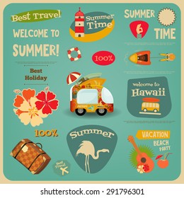 Summer Travel Card - Vacation Items in Retro Style - Flat Design Style. Best Holiday. Vector Illustrations.
