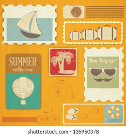 Summer Travel Card in Vintage Style. Grunge Vacation Postcard with Summer Items in Old Style. Vector Illustration.