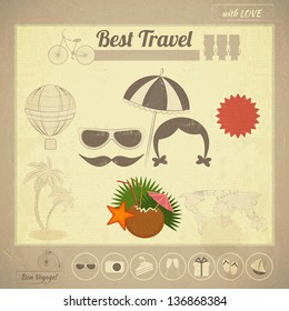 Summer Travel Card in Vintage Style. Vacation Postcard with Summer Items in Retro Infographics Style. Vector Illustration.