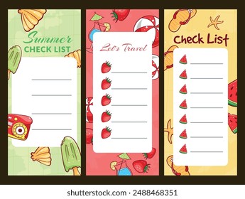 Summer travel checklist note planner organizer for remember design template set vector flat illustration. Summertime vacation journey adventure trip organizing agenda list with fruit ice cream berry