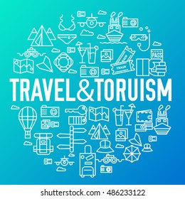 Summer travel circle icons items banners design. Vacation rest with any elements set. Tour, trip, journey outline illustrations vector background. Tourist image on thin line style concept