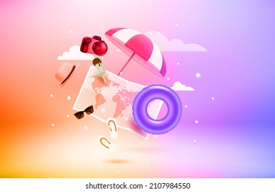 Summer travel concept. 3d vector objects with levitation effect