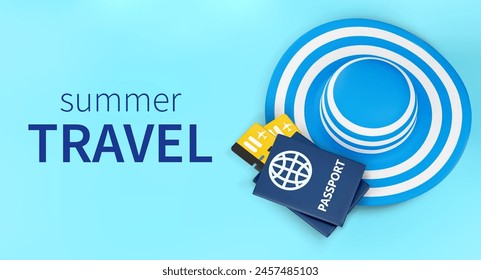 Summer travel concept banner with chic womens striped hat, passports and boarding passes on turquoise backdrop, top view. Summer vacation or online booking concept. Vector illustration 3d render.