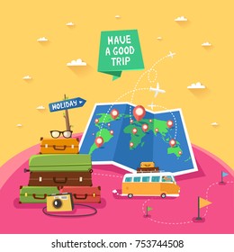 Summer travel concept. Travel Banner with luggage, backpacks, photo camera, folded map with pins, travel bus. Road sign "Adventures" and ribbon "Have a good trip". Vector colorful illustration.