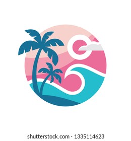 Summer travel - concept business logo template vector illustration. Tropical paradise vacation creative icon sign in flat design style. T-shirt badge. Palm tree, sea wave, sun. 