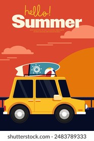 Concepto de viaje de verano con el coche en la carretera y el estilo de diseño plano dramático del paisaje del cielo. El elemento de diseño se puede utilizar para el fondo, el telón de fondo, el Fondo de pantalla, la impresión, la Ilustración vectorial