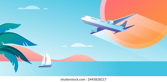 Summer and Travel concept design. Beautiful nature palm leaf on tropical beach landscape, panoramic view, with flying plane. Abstract background with copy space. Vector design and illustration