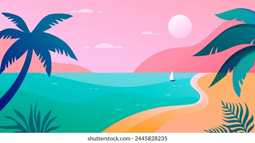 Diseño de concepto de verano y viajes. Hermosa hoja de palma de la naturaleza en el paisaje tropical de la playa, vista panorámica, con luz solar fondo abstracto con espacio de copia. Diseño e ilustración de Vector