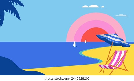 Summer and Travel concept design. Clean landscape of sea, beach, umbrella and beach chairs. Beautiful nature palm leaf on tropical beach with sun light abstract background with copy space. Vector