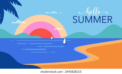 Summer and Travel concept design. Clean landscape of sea and beach. Beautiful nature palm leaf on tropical beach with sun light abstract background with copy space. Vector design and illustration
