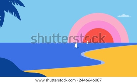 Summer and Travel concept design. Clean landscape of sea and beach. Beautiful nature palm leaf on tropical beach with sun light abstract background with copy space. Vector design and illustration