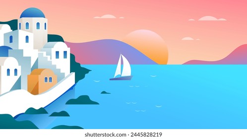 Sommer- und Reisekonzept. Griechenland Insellandschaft, Panoramablick. Schöne Natur mit Strand und Sonnenlicht, abstrakter Hintergrund mit Kopierraum. Vektorillustration und Design