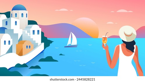 Summer and Travel concept design. Greece island with young woman holding cocktail standing and looking on the landscape. Beautiful nature palm leaf on tropical beach with sun light abstract background