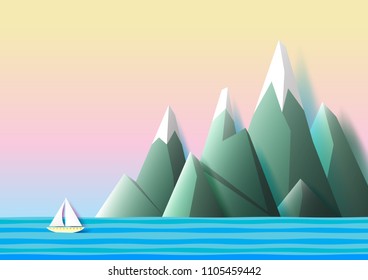 Summer travel concept design with paper boat sailing lonely on the sea background.Paper art vector illustration