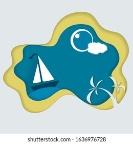 Summer travel concept design in paper cut style. Elements for your graphic work. Seaside vector concept template. Eps10