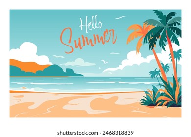 Summer and Travel concept design with tropical beach and palm trees