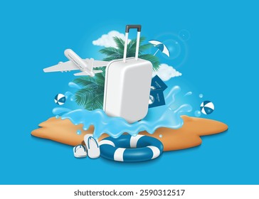 Summer travel concept for design ,white baggage bag with blue travel book is placed in middle of an island on sea with an airplane, coconut trees, and soft sunlight in background, vector 3d 