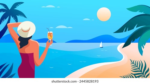 Summer and Travel concept design. Young woman with cocktail, standing and looking on the landscape. Beautiful nature palm leaf on tropical beach with sun light abstract background with copy space