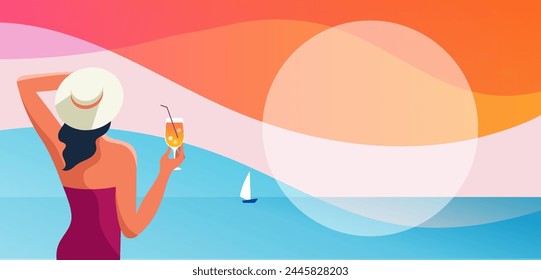 Summer and Travel concept design. Young woman standing and looking on the landscape. Beautiful nature palm leaf on tropical beach with sun light abstract background with copy space. Vector design and