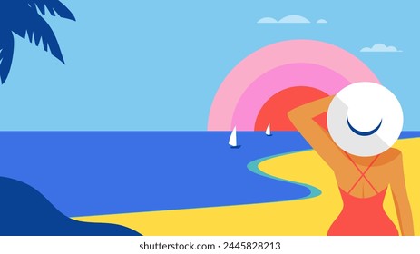 Summer and Travel concept design. Young woman with cocktail, standing and looking on the landscape. Beautiful nature palm leaf on tropical beach with sun light abstract background with copy space