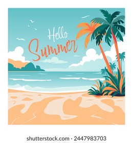 Summer and Travel concept design. Young woman with cocktail looking on tropical beach with palm tree