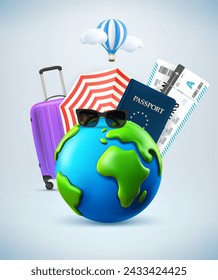 Summer travel concept with the Earth and travel elements. 3d vector illustration