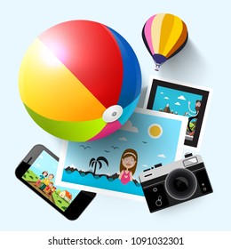 Summer Travel Concept with Photograps, Camera, Mobile Phone, Beach Ball and Hot Air Balloon. Vector.