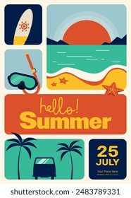 Summer travel concept poster design template with sea landscape, grid layout flat design style. Design element can be use for background, backdrop, wallpaper, print, vector illustration