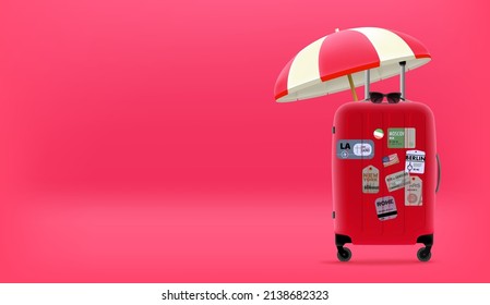 Summer travel concept with red travel bag and umbrella. 3d vector banner with copy space