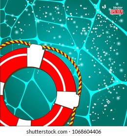 Summer travel concept. Red Life buoy on the sea beach, green background vector illustration